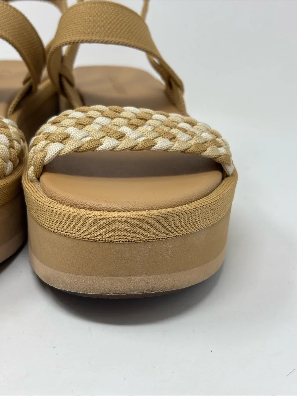 Rothy's Tan Woven Strap Platform Wedges